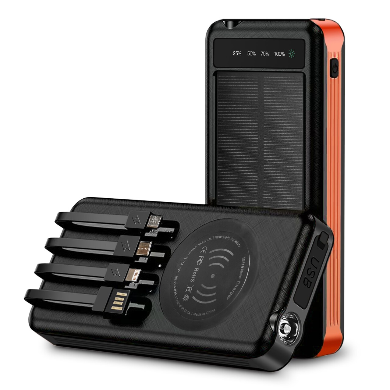 2 Pack Combo-Portable Power Bank w/ Wireless Charging, 4 Built-in Cables, Solar Panel, 10000mAh Battery, IP65 Waterproof, Dustproof, LED Flashlight, Great for iPhone, Samsung, Smart Phones